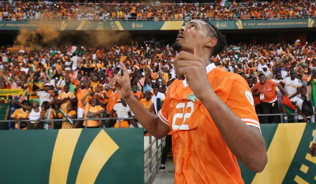 S&eacute;bastien Haller c&eacute;l&egrave;bre son but victorieux avec la C&ocirc;te d&rsquo;Ivoire en finale de la CAN 2023 le 11 f&eacute;vrier 2024 contre le Nigeria &copy; Iconsport