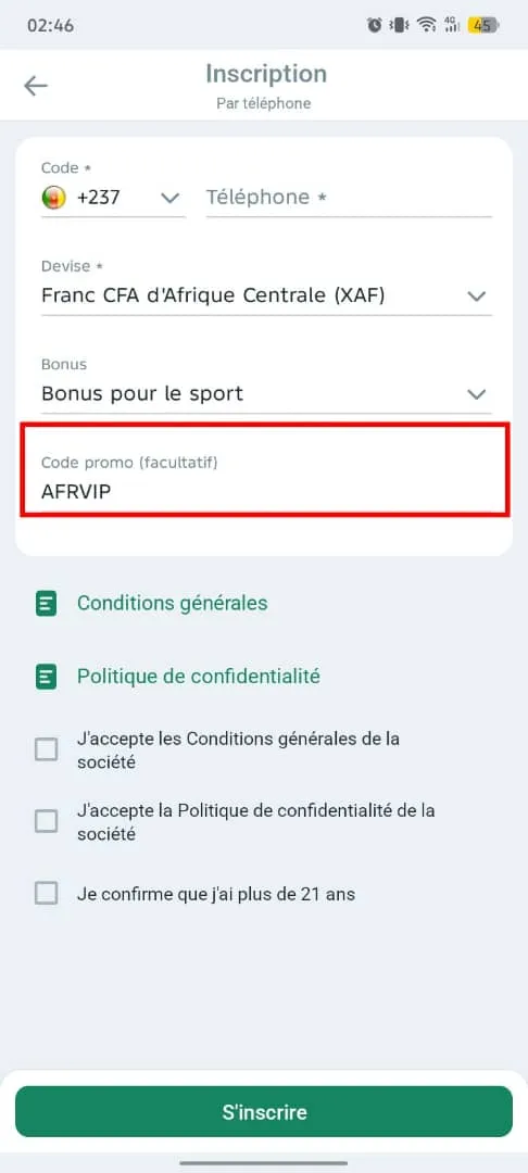 Formulaire d'inscription BetWinner avec le code promo
