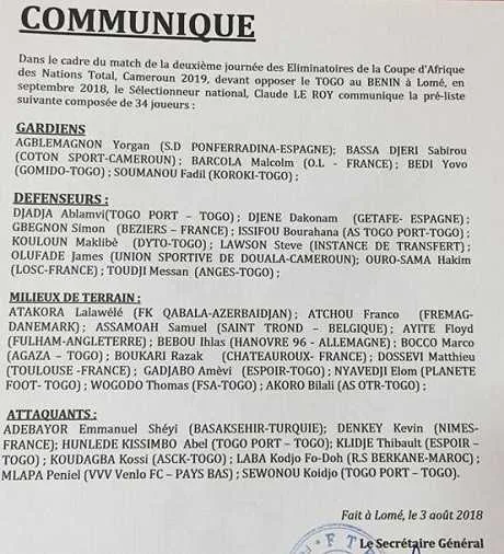 CAN 2019 : la pr&eacute;-s&eacute;lection du Togo contre le B&eacute;nin