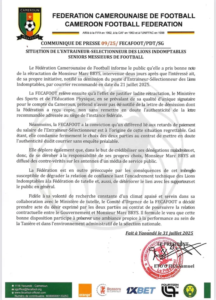 La Fecafoot conforte Marc Brys &agrave; son tour