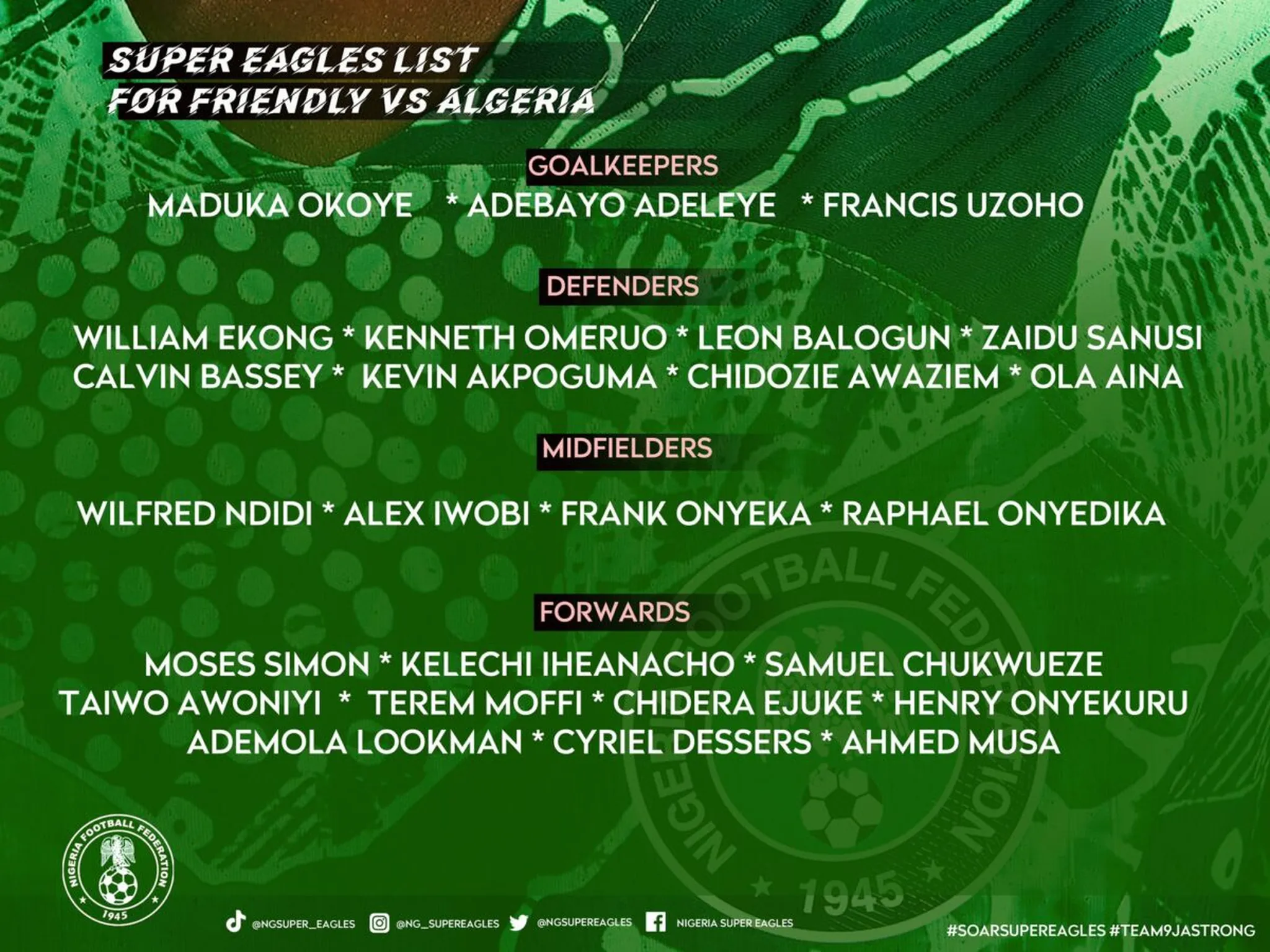 Liste du Nigeria contre l'Alg&eacute;rie
