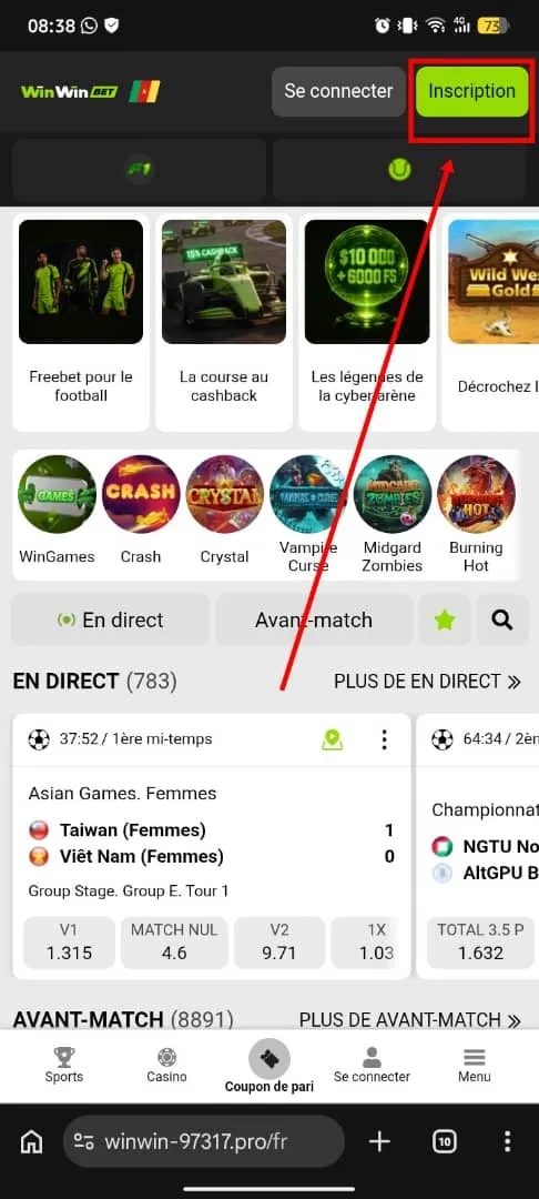 Premi&egrave;re &eacute;tape de l'inscription sur WinWin : ic&ocirc;ne jaune inscription en haut &agrave; droite de la page d'accueil. 