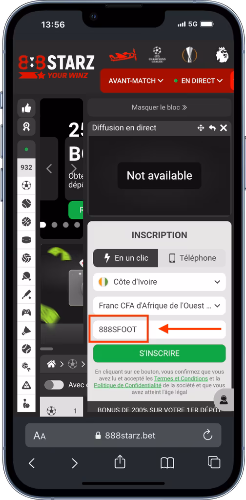 Ouvrez un compte 888starz depuis votre mobile