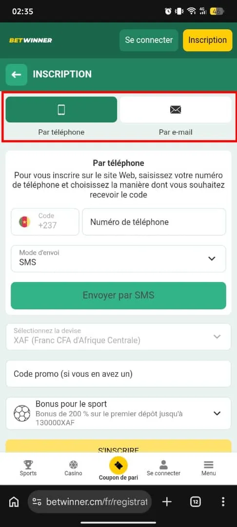 2 m&eacute;thodes d'inscription sur BetWinner