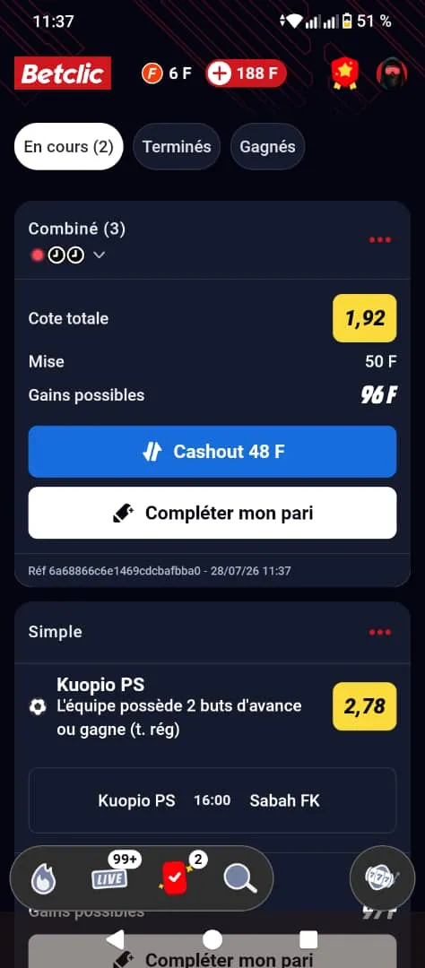 Fonctionnalit&eacute;s MyCombi et Cash Out Betclic APK