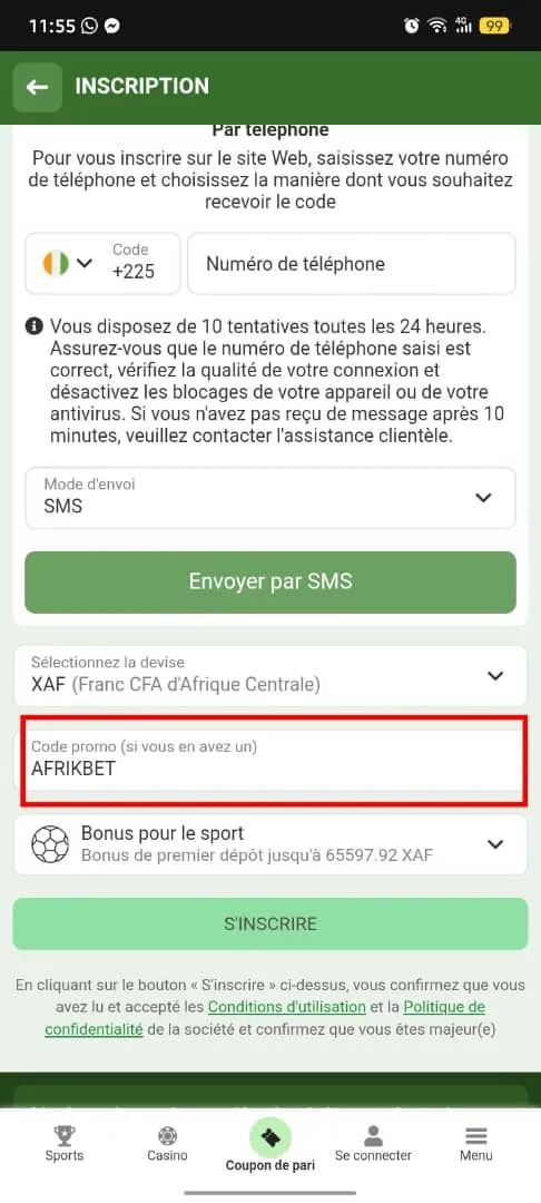 Remplir tous les champs du formulaire d'inscription Linebet