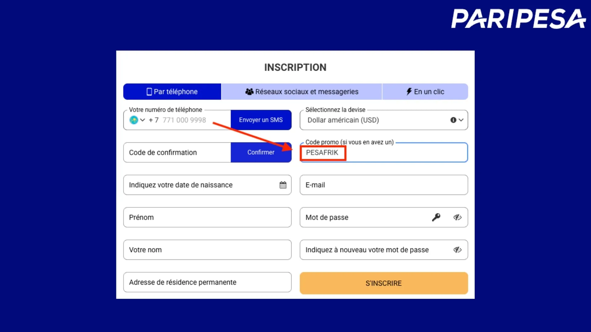 Cr&eacute;ez un compte depuis l'APK PariPesa