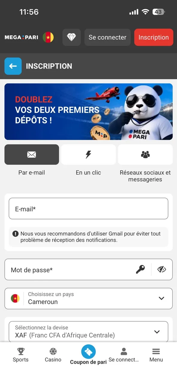 Formulaire d'inscription pour ouvrir un compte via l'APK Megapari.