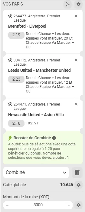 Ticket combin&eacute; Premier League Brentford Liverpool Newcastle Leeds Manchester United pour le bonus du code promo Melbet