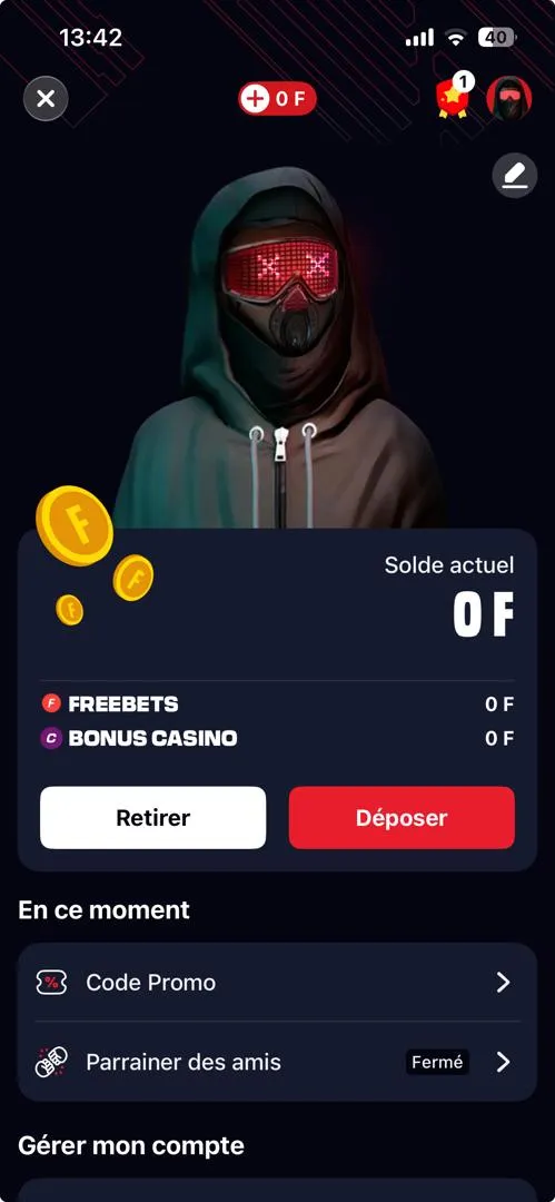 Menu de l'application Betclic avec bouton "retirer" visible