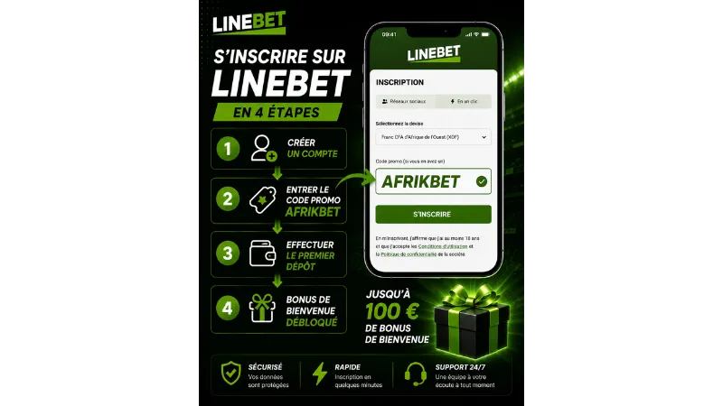 Inscription sur l'application Linebet avec le code promo AFRIKBET pour d&eacute;bloquer le bonus de bienvenue.
