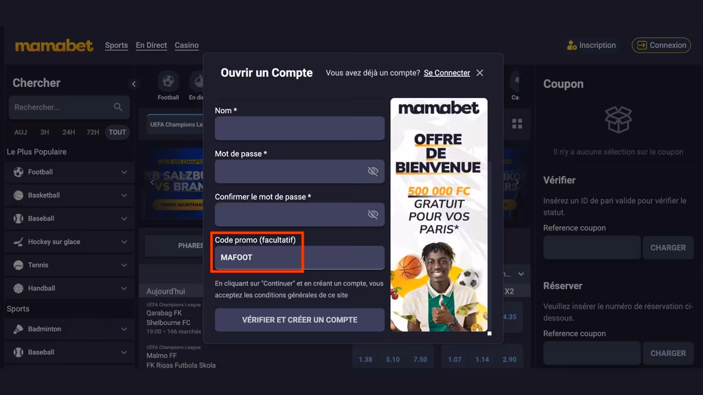 Cr&eacute;ez un compte avec le code promo Mamabet MAFOOT
