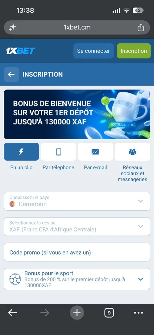 Les 4 m&eacute;thodes d'inscription disponibles sur 1xBet