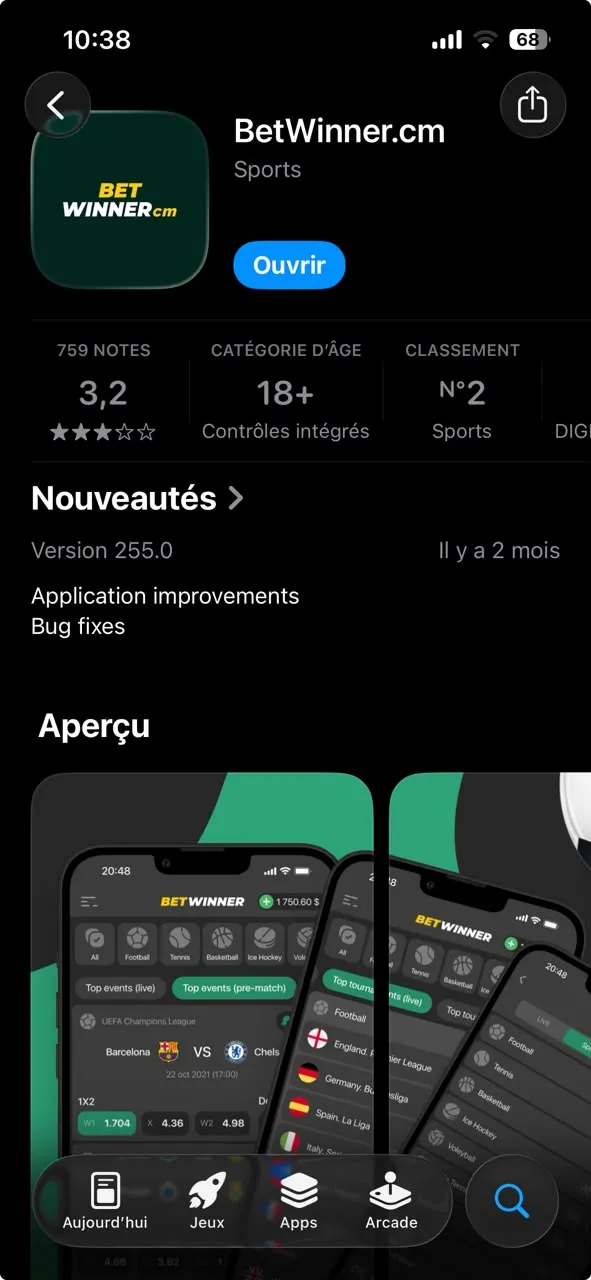 Fiche information betwinner app ios