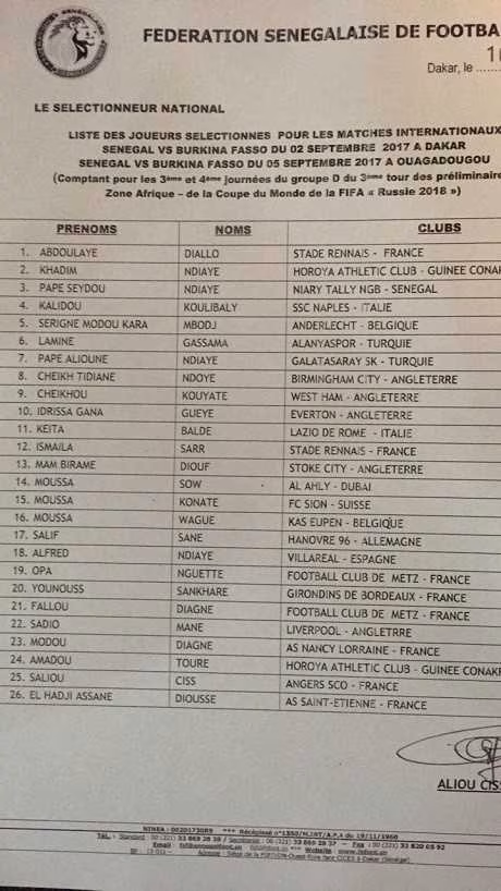 Mondial 2018 : la liste du S&eacute;n&eacute;gal contre le Burkina Faso
