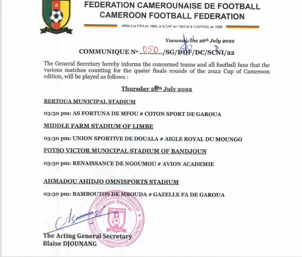 communiqu&eacute; coupe du Cameroun
