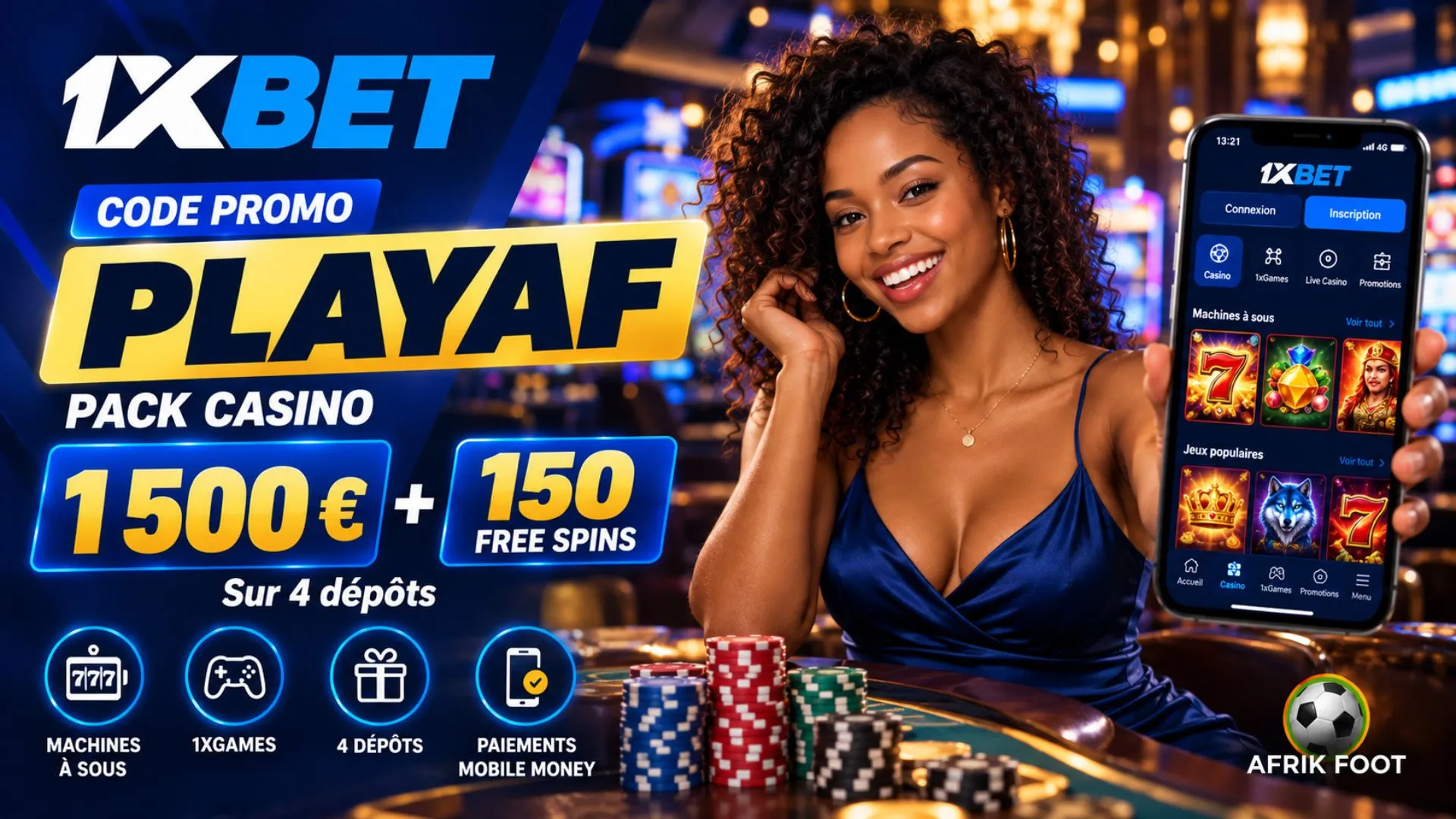 Code promo 1xBet PLAYAF pour le pack casino de 1 500 &euro; et 150 Free Spins