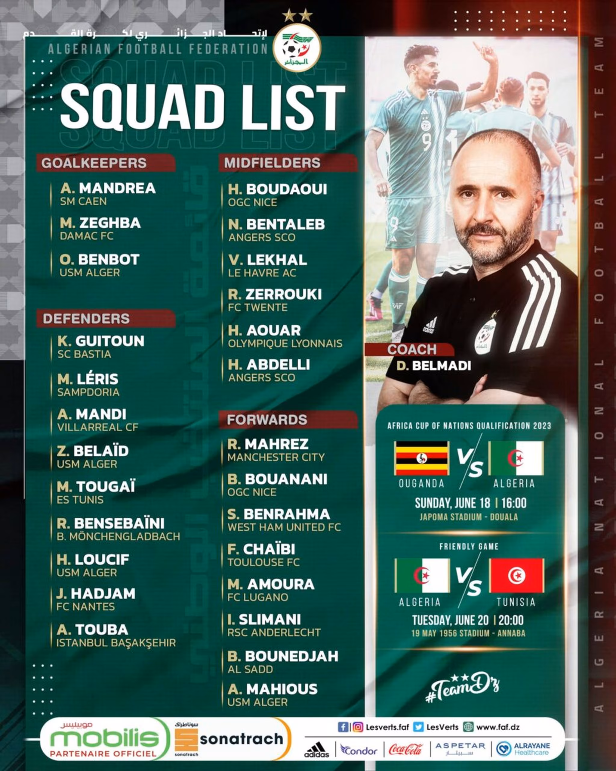 Liste Alg&eacute;rie contre l&rsquo;Ouganda et la Tunisie