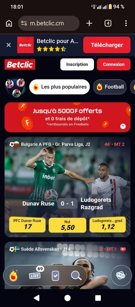 Accueil page web t&eacute;l&eacute;chargement APK Betclic sur mobile