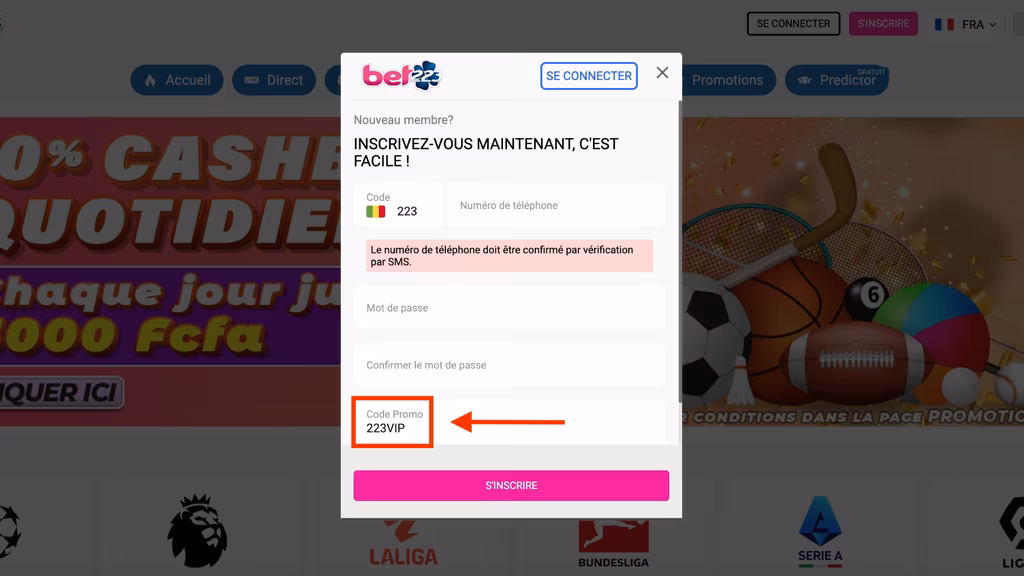 Cr&eacute;ez un compte depuis Bet223 APK