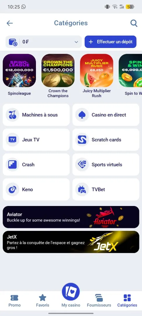 Section jeux de casino sur l'application Paripesa