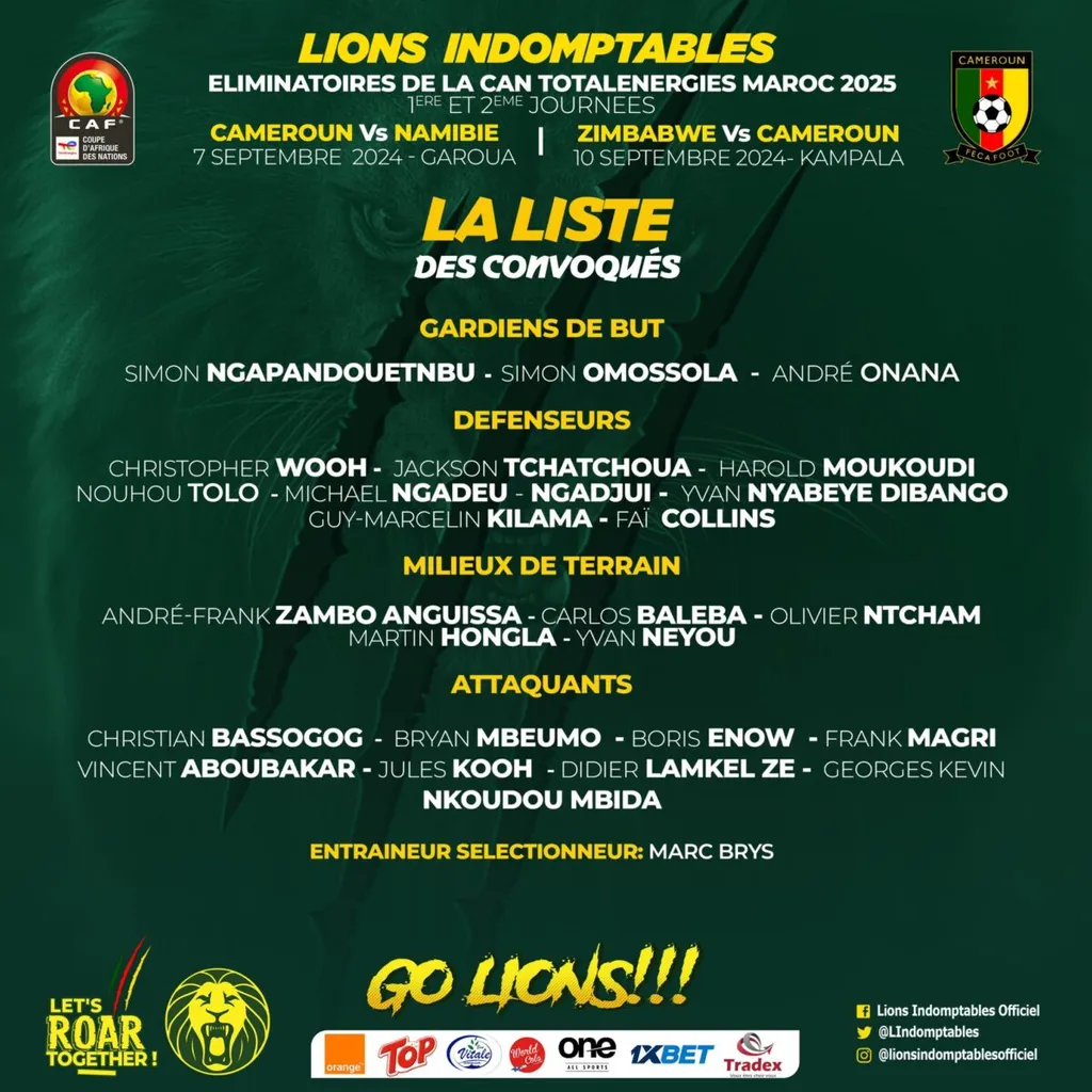 liste du Cameroun pour la Namibie et le Zimbabwe