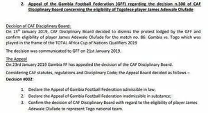 CAN 2019-Togo : la Gambie encore déboutée pour Olufade