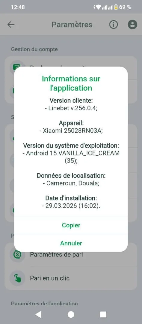 V&eacute;rification de la version de l'APK Linebet dans les param&egrave;tres Android