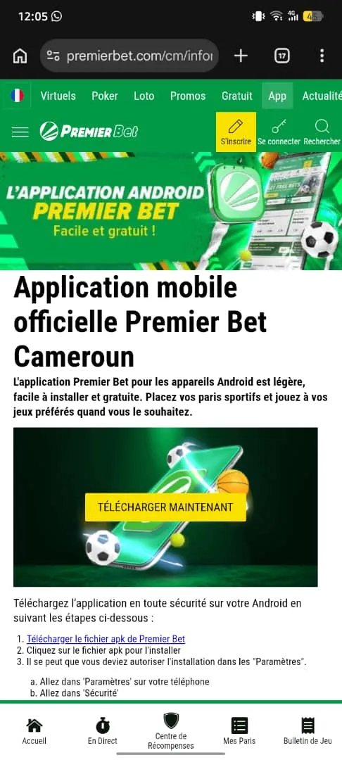 Page de t&eacute;l&eacute;chargement de l'APK Premier Bet