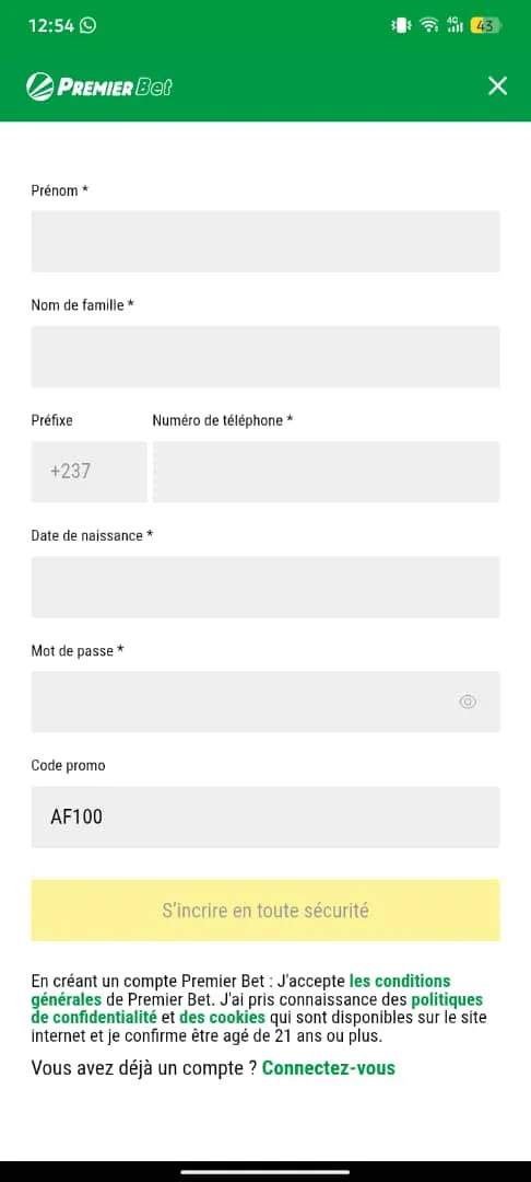 Formulaire &agrave; remplir pour cr&eacute;er un compte sur l'app mobile Premier Bet