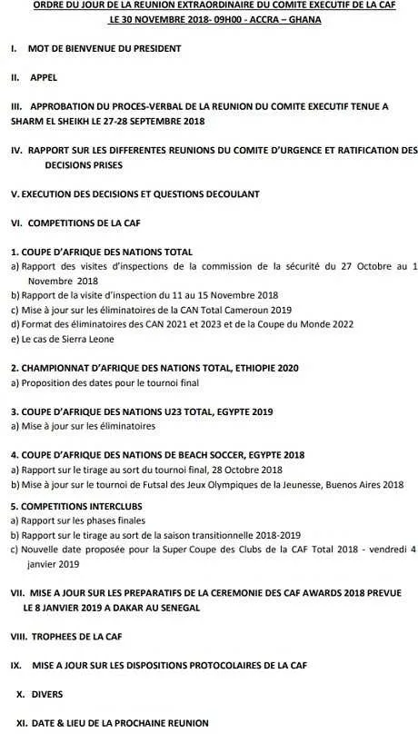 CAF : le programme du comit&eacute; ex&eacute;cutif de vendredi