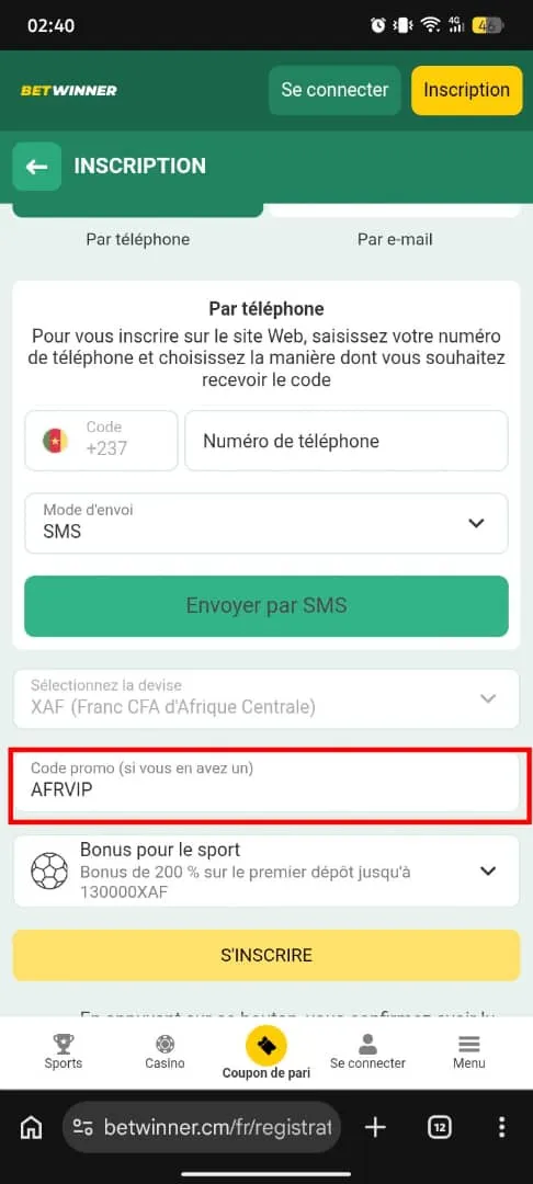Formulaire d'inscription BetWinner
