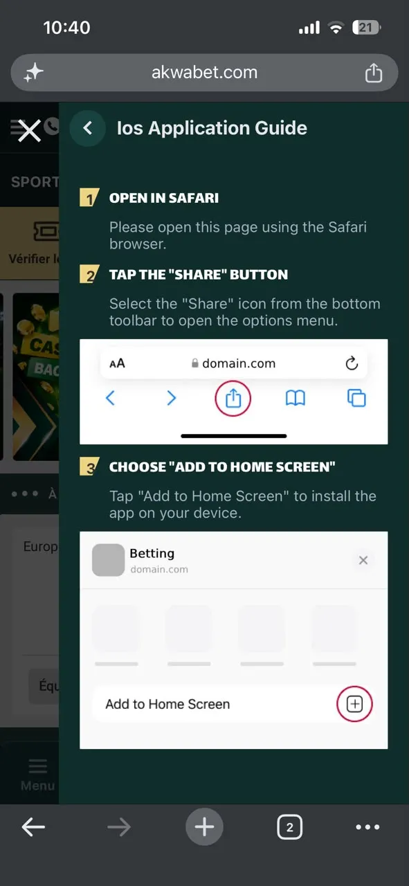 PWA Safari : Akwabet app