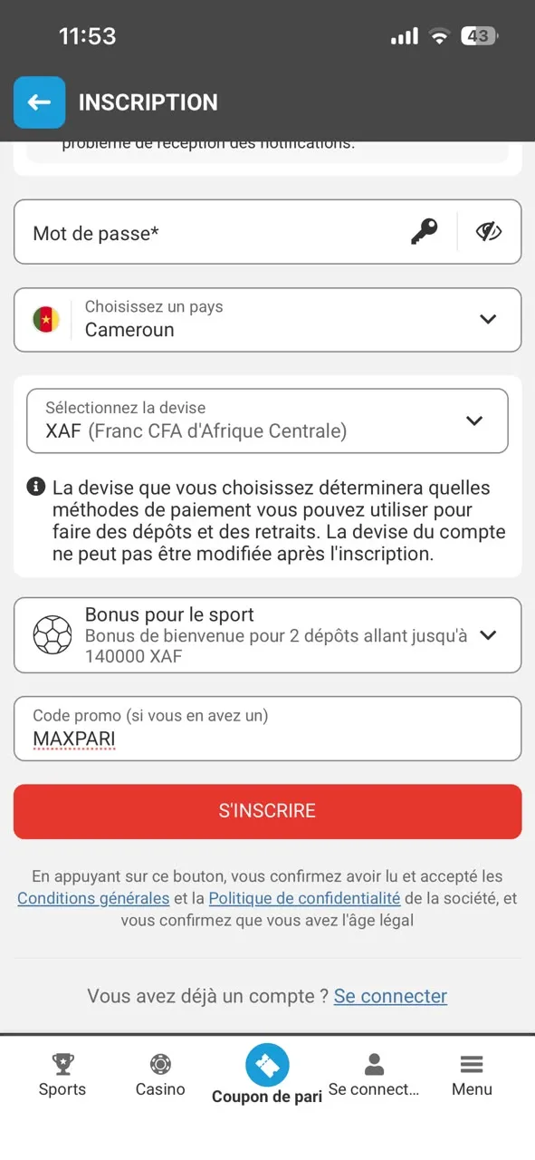 Etapes inscription avec code promo MAXPARI avec Megapari APK