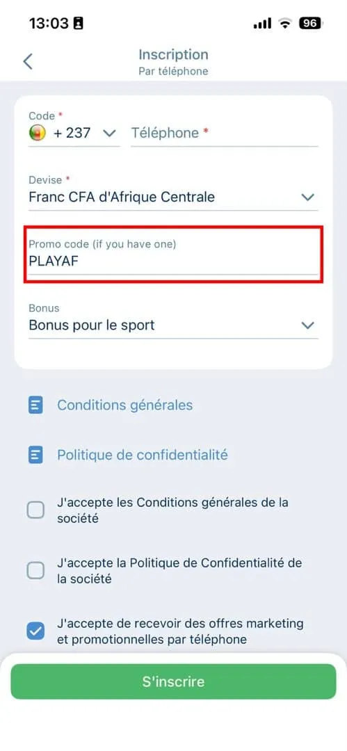 Le formulaire d'inscription par t&eacute;l&eacute;phone sur l'app 1xBet