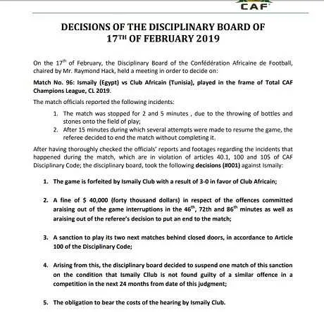 LDC : Ismaily 0-3 Club Africain sur tapis vert (officiel)