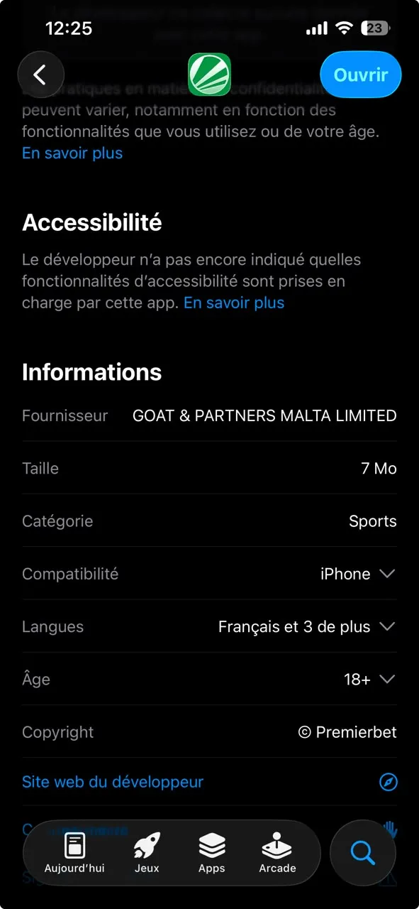 Fiche technique app Premier Bet sur iOS