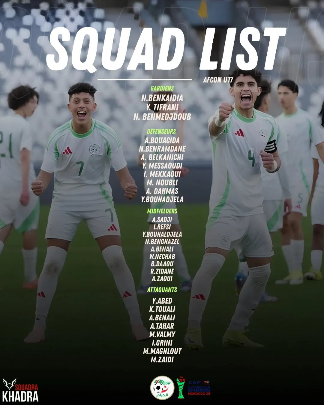 Liste Alg&eacute;rie pour la CAN U17 2026