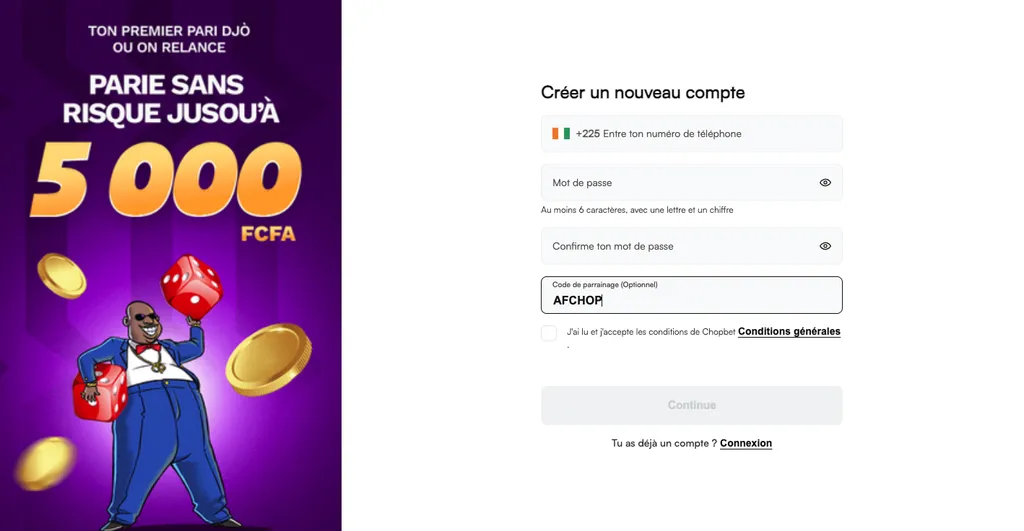 S'inscrire sur Chopbet avec le code promo AFCHOP