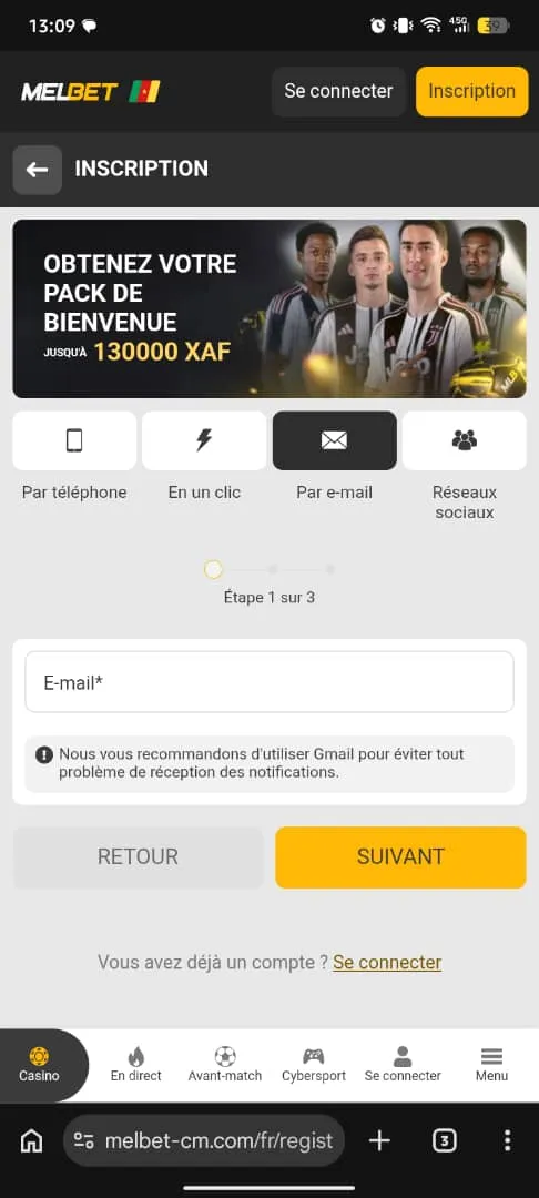 Formulaire d'inscrioption MelBet par e-mail