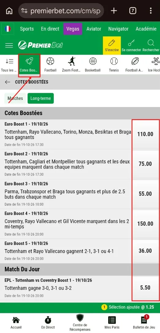 Avis sur les cotes boost&eacute;es de Premier Bet