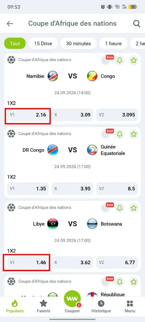 Page paris sportifs WinWin : s&eacute;lection des cotes &eacute;ligibles sur les matchs de CAN