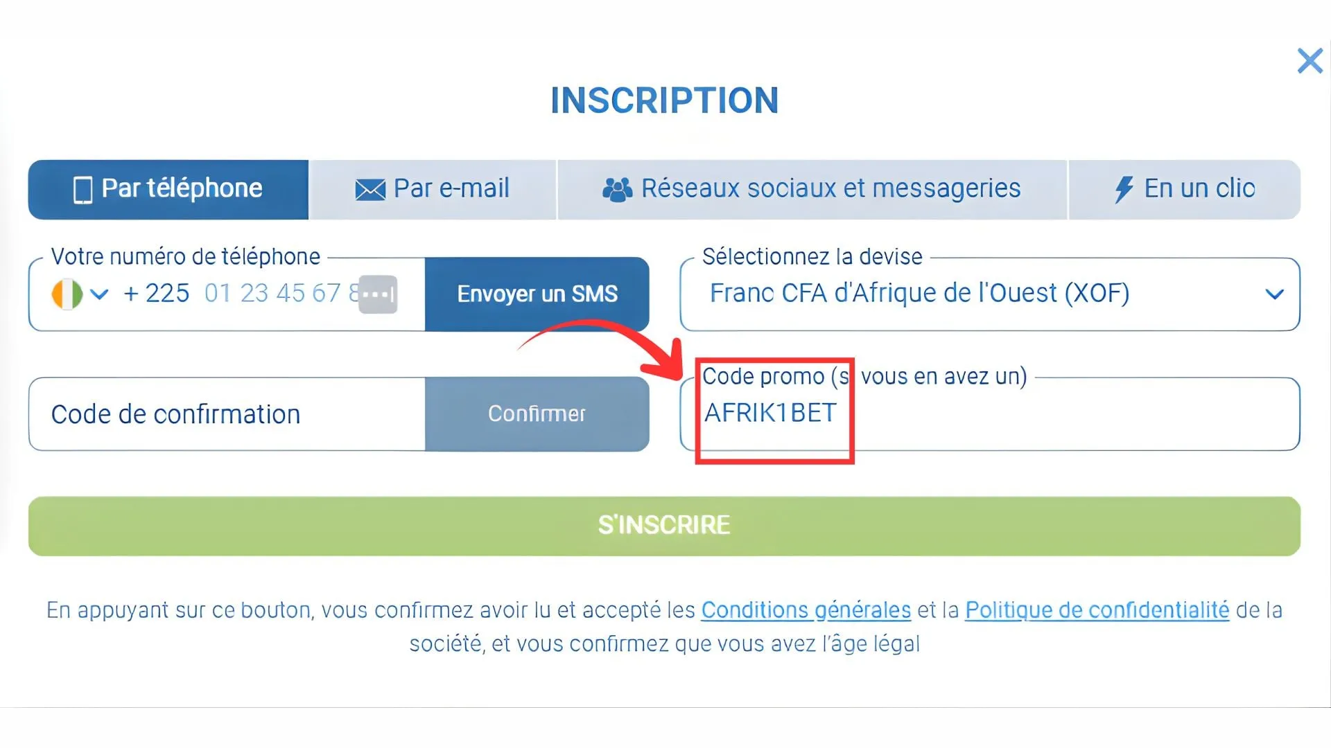 Faites votre inscription avec le code bonus 1xBet