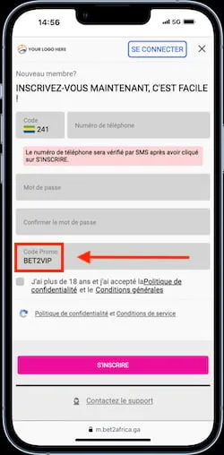 Inscrivez-vous avec le code promo Bet2Africa