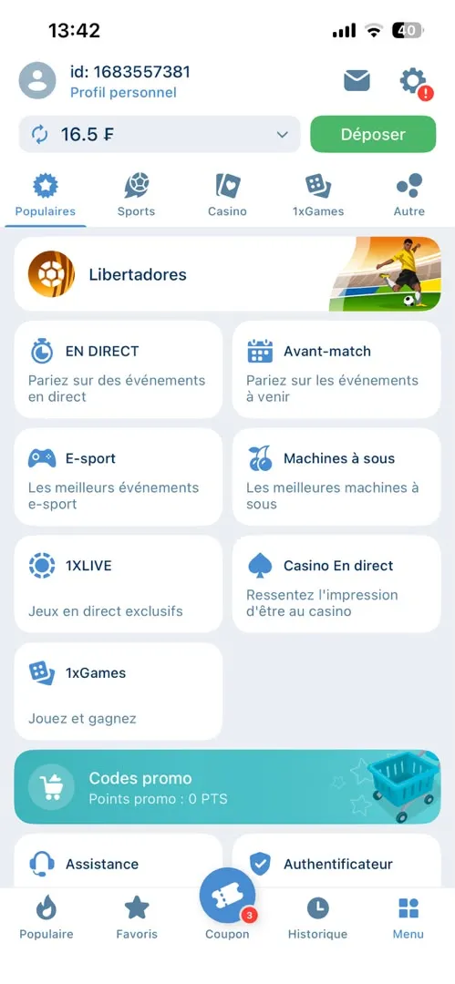 Le contenu du menu de  l'application 1xBet