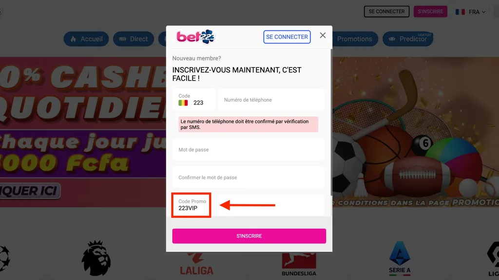 Créez un compte depuis Bet223 APK
