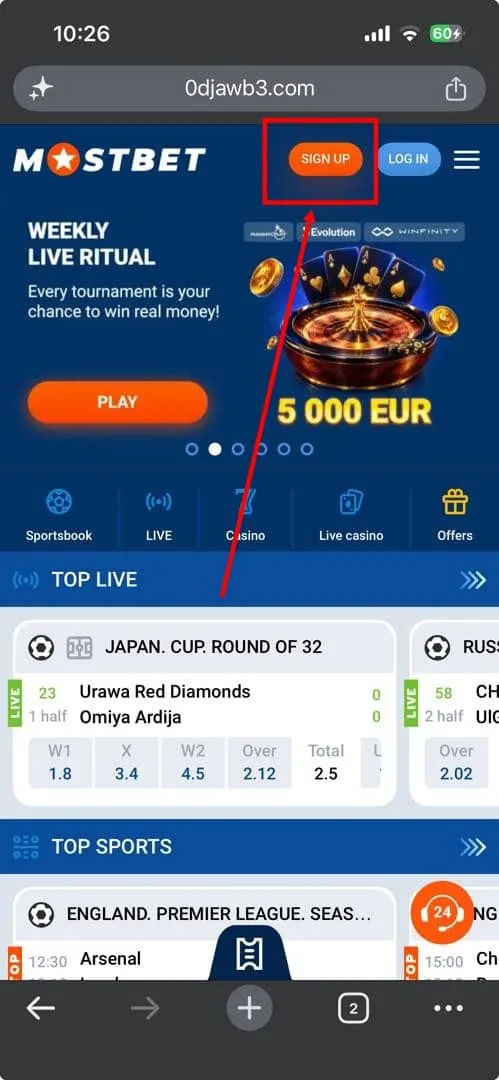 Page d'inscription Mostbet avec le code promo