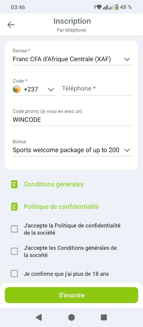Inscription sur WinWin Bet APK avec le code promo