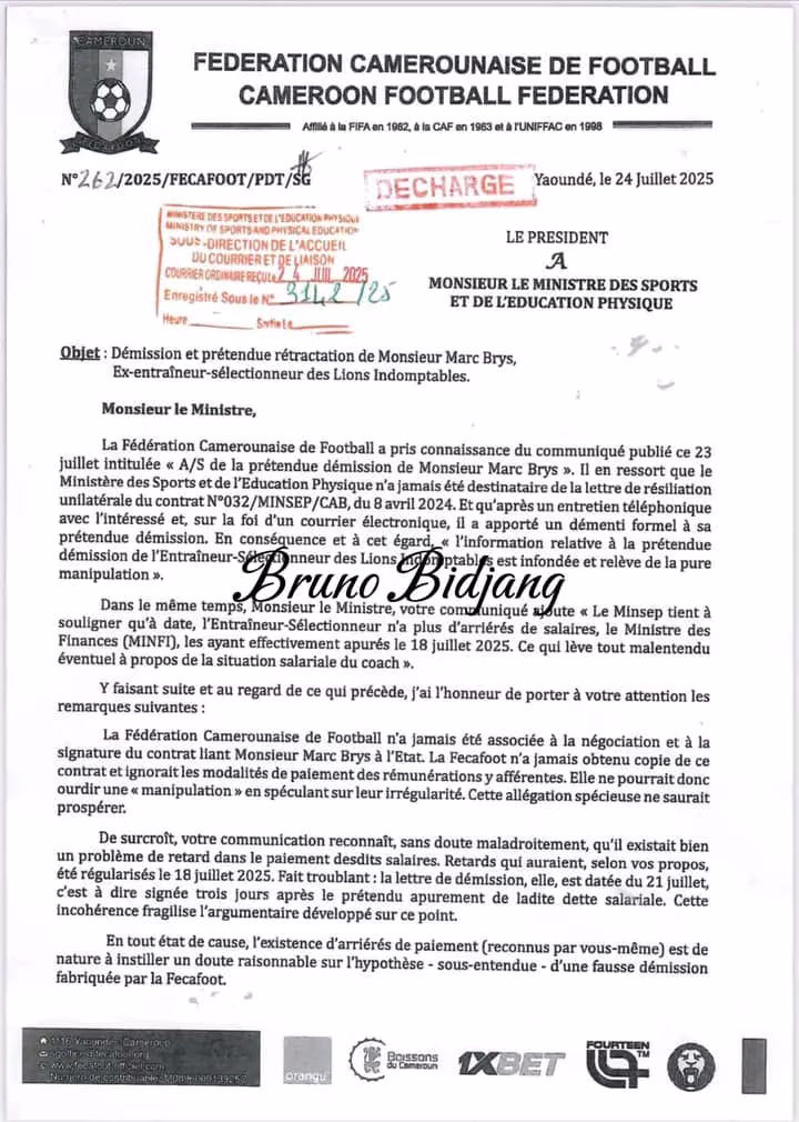 R&eacute;ponse de la Fecafoot d&rsquo;Eto&rsquo;o au Minsep