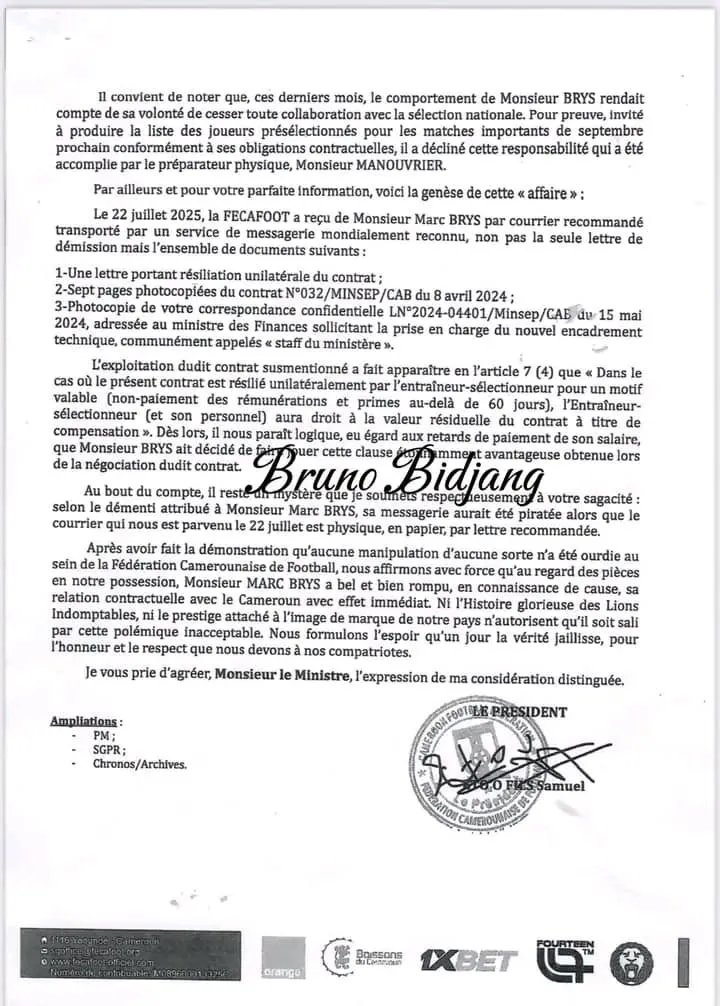 R&eacute;ponse de la Fecafoot d&rsquo;Eto&rsquo;o au Minsep 2